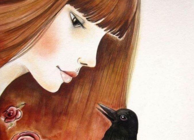 Vrouw die via oogcontact met een vogel lijkt te communiceren omdat ze een geweldig vrouwelijk brein heeft