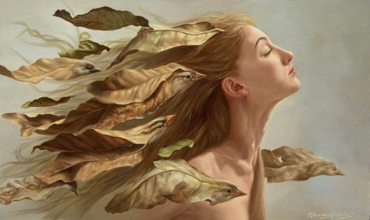 Vrouw wiens haar verandert in blaadjes waarvan er sommige op vogels lijken
