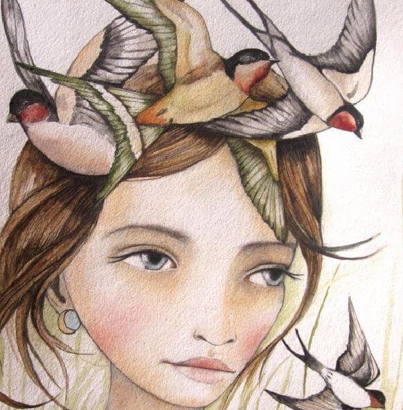 Vrouw met Vogels op het Hoofd