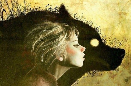 Gezicht Van Een Meisje Naast Het Hoofd Van Een Wolf Maar Ze Geeft De Wolf Niet De Schuld Want Ze Kijkt Uit Waar Ze Loopt