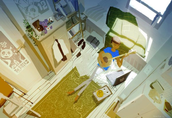 Jongen Die Op Zijn Kamer Gitaar Speelt Zonder Hiervoor Toestemming Nodig Te Hebben