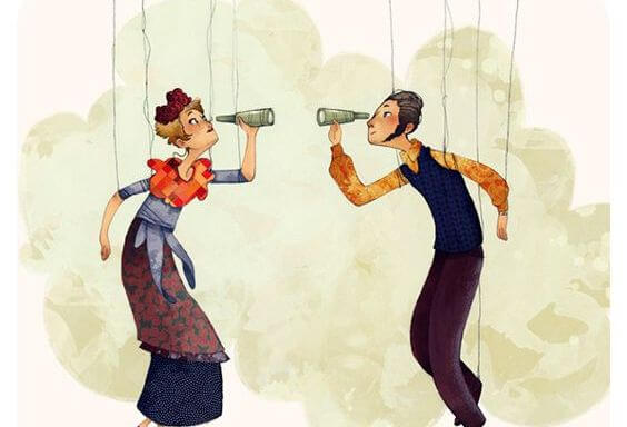 Twee Marionetten Die Naar Elkaar Kijken Door Een Fles