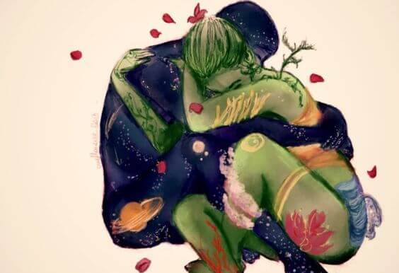 Man Als Universum En Vrouw Als Wereld Die Elkaar Omhelzen En Elkaars Zelfvertrouwen Vergroten