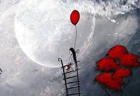 Meisje Die Met Een Ballon In Haar Handen Een Ladder Naar De Maan Beklimt Omdat Eenzaamheid Noodzakelijk Is