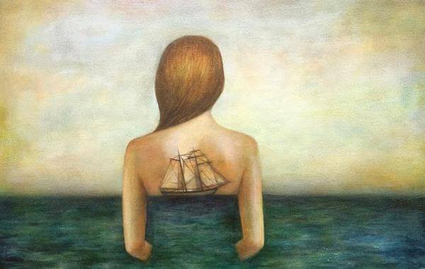 Meisje Met Een Schip Op Haar Rug En Zij Is Tevreden Met Kruimels