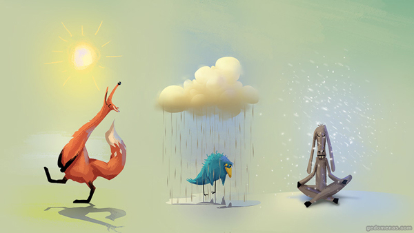 Vos Die Vrolijk Loopt Te Zingen In De Zon, Vogel Die Zielig In De Regen Staat En Een Koe Die Zit Te Mediteren In De Sneeuw Als Voorbeeld Van Dat We Aantrekken Wat We Uitstralen