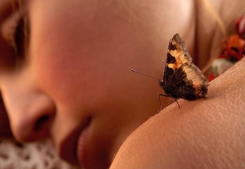Meisje Met Een Vlinder Op Haar Schouder