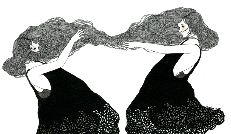 Twee Introverte Mensen Die Via Hun Haar En Elkaar Verbonden Zitten