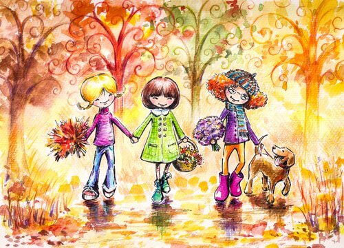 Drie meiden die samen met een hond door het park lopen om bloemen te plukken want geluk verspreidt zich door te lachen