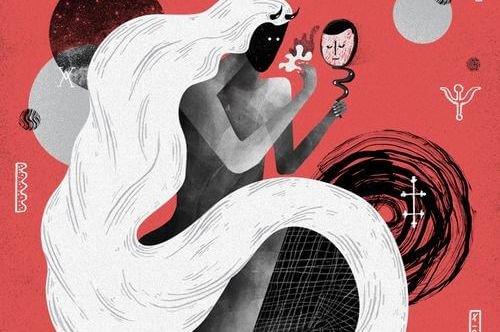 Duivel Met Lang Wit Haar Kijkt In Spiegel