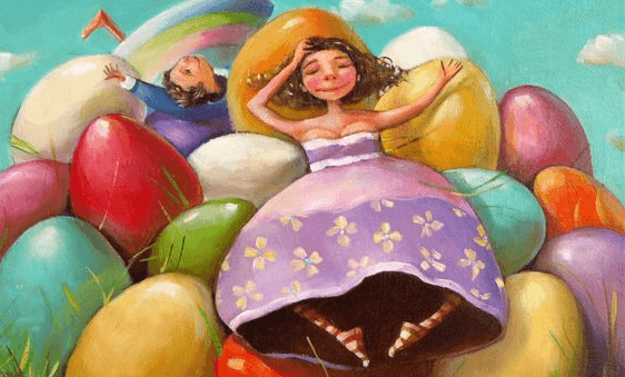 Jongen En Een Meisje Die Op Een Heuvel Van Gekleurde Paaseieren Liggen Want Ze Laten Niets Of Niemand Hun Glimlach Wegnemen