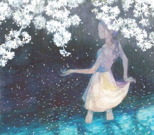 Meisje Dat In Het Water Staat Met Witte Bomen Boven Haar Hoofd Voor Wie Afstand Nemen Noodzakelijk Is