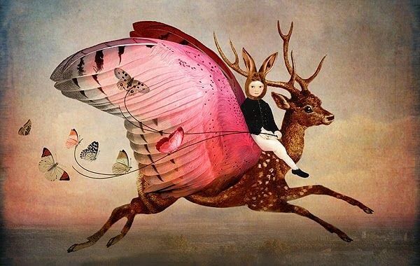 Meisje Met Konijnenoren Dat Rijdt Op Een Hert Dat Vleugels Heeft Als Voorbeeld Van Het Belang Om Onze Creativiteit Te Verzorgen