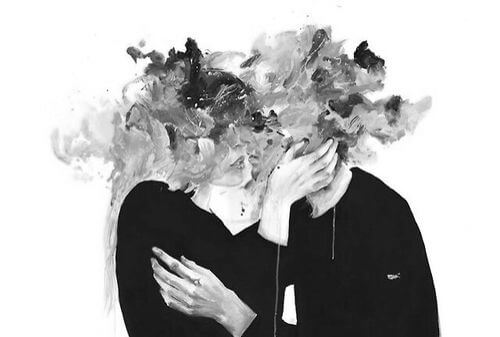 Man En Vrouw Wiens Hoofden Met Verf Wazig Zijn Gemaakt Die Elkaar Proberen Te Kussen En Zo De Liefde Bedrijven