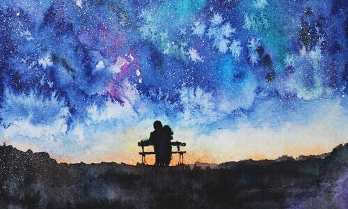 Twee Mensen Die 's Nachts Samen Op Een Bankje Zitten Als Voorbeeld Van Wat Volwassen Liefde Is