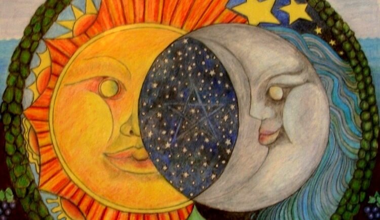 De Zon En De Maan Met Een Ster Ertussen