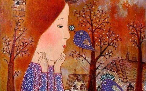 Meisje En Vogeltjes Die In Vrede Samenleven