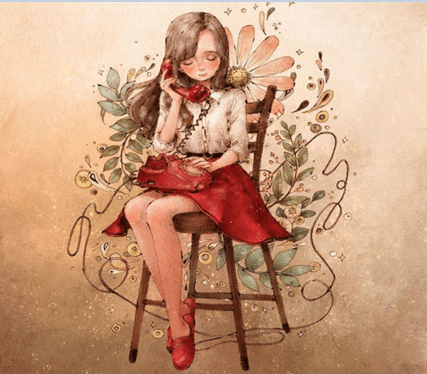 Meisje Dat In Een Stoel Zit Omringd Door Bloemen En Een Van Haar Giftige Vrienden Opbelt