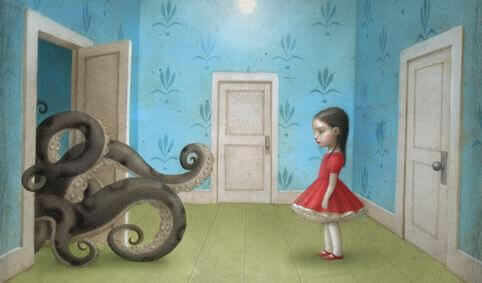 Meisje Dat Kijkt Naar Een Octopus Die Haar Kamer Binnendringt