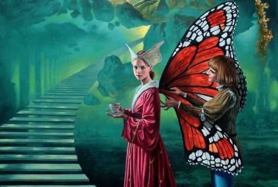 Vlinder Meisje In Fantasiewereld Die Op Het Punt Staat Een Duistere Trap Te Beklimmen Want We Moeten De Negatieve Emoties Verslaan Die Ons Lastigvallen