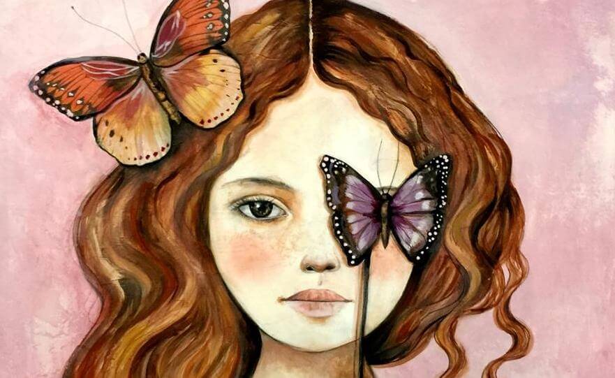 Meisje Met Een Vlinder In Haar Haar En Voor Haar Oog Dat Zich Niet Laat Raken Door De Dieven Van Onze Energie