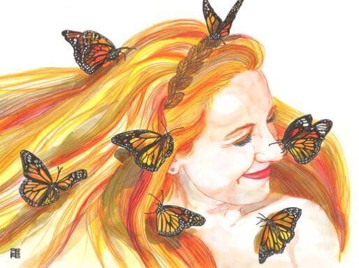 Vrouw met rood haar en vlinders in haar haar die glimlacht want geluk verspreidt zich door een glimlach