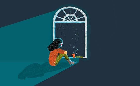 Meisje Kijkt Uit Raam Naar De Sterren En Weet Dat Wat Gebeurt Het Enige Was Dat Had Kunnen Gebeuren