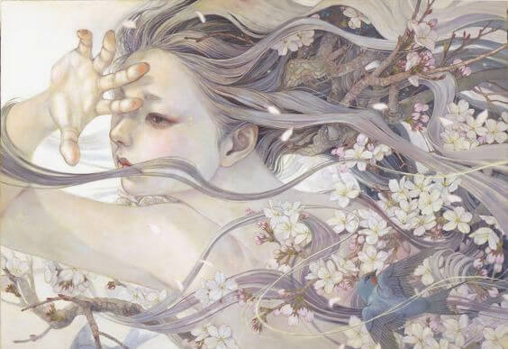 Meisje Dat Naast Een Bloemenstruik Staat En Droevig Voor Zich Uit Kijkt Vanwege Haar Diepste Wonden