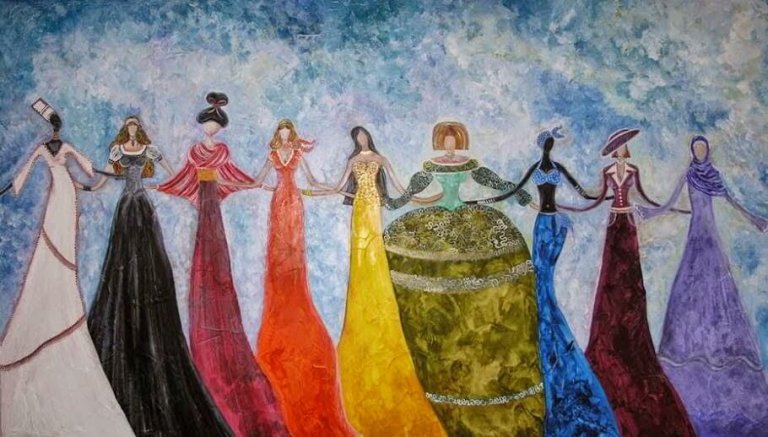 Allemaal Vrouwen Op Een Rij In Verschillende Gekleurde Jurken Met In Het Midden Een Uitdagende Vrouw