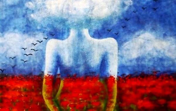 Vrouw Wiens Bovenlichaam Blauw Is En Haar Onderlichaam Rood Want Dingen Missen Doet Pijn