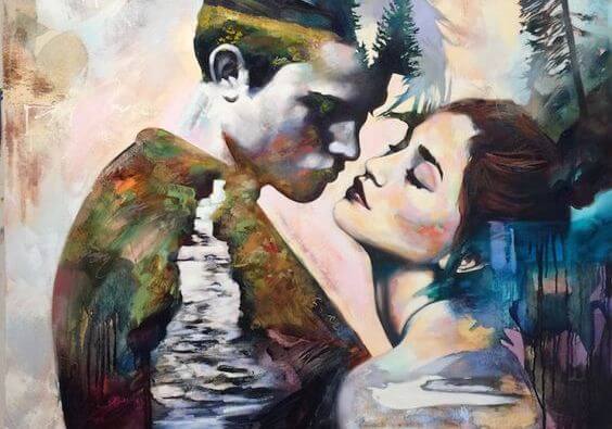 Schilderij Van Een Man En Een Vrouw Met Een Rivier Erdoorheen Die Denken Ik Bezit Volharding