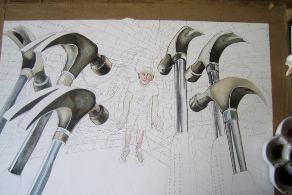 Jongen Wordt Aangevallen Door Hamers Als Symbool Voor De Impact Van De Verschillende Vormen Van Pesten