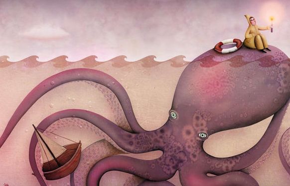 Man Die Op Een Octopus Zit Met Een Lantaarn In Zijn Handen Op Zoek Naar Al Het Goede