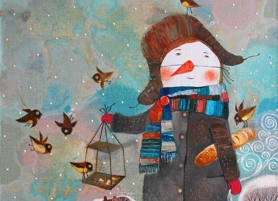 Vogeltjes Die Op Een Sneeuwpop Zitten En In Vrede Samenleven