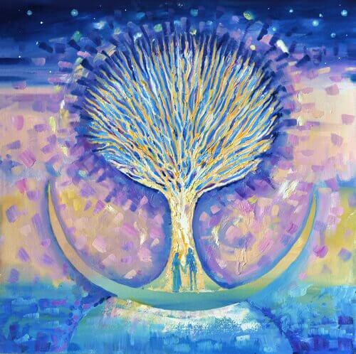 Man En Vrouw Die Hand In Hand Voor De Levensboom Staan En Een Belichaming Zijn Van Het Mysterie Van Aantrekkingskracht