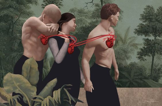 Twee Mannen En Een Vrouw Die Via Hun Harten Aan Elkaar Verbonden Zijn