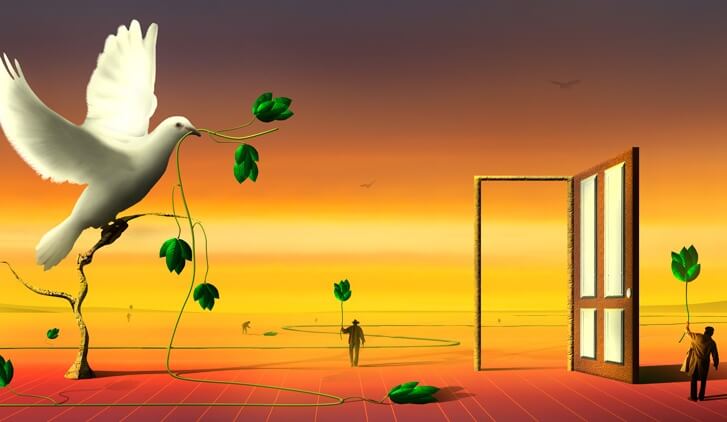 Witte Duif En Twee Mannen Die Alle Drie Een Takje Vasthouden