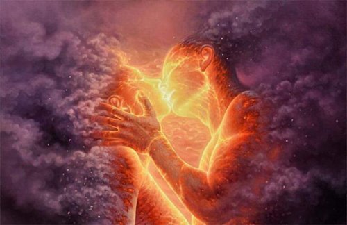 Donderwolken waarin een man en een vrouw te zien zijn die elkaar kussen als voorbeeld van oprechte liefde