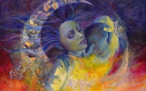 Vrouw en een man die in elkaar overgaan als symbool voor volwassen liefde