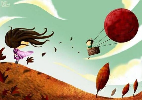 Jongetje in een luchtballon dat afscheid neemt van een meisje die nog op de grond staat en beide nemen ze hun emotionele bagage met zich mee