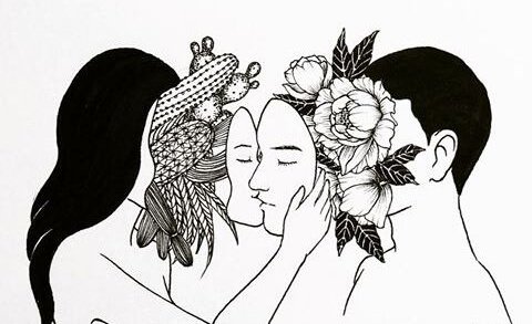 Een vrouw met haar gezicht in haar handen en cactussen als gezicht en een man met bloemen als gezicht