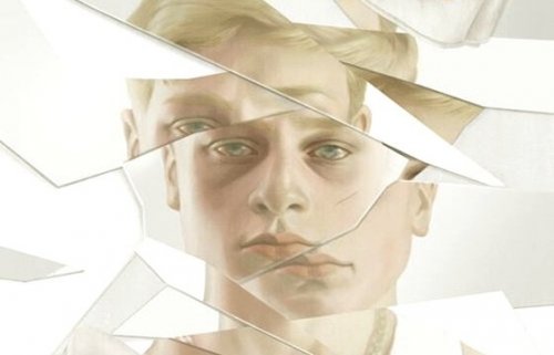 Man wiens gezicht verdeeld is door glasscherven omdat hij last heeft van prikkelbare mansyndroom