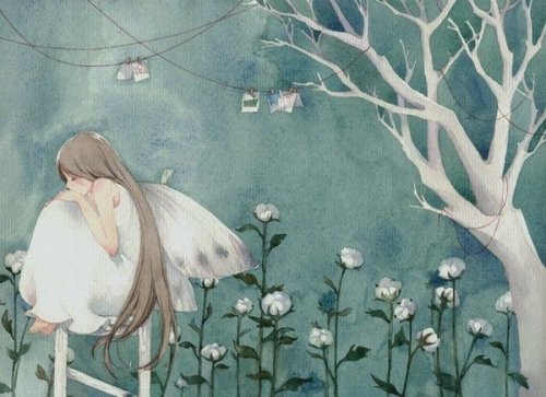 Meisje met vleugels dat teleurgesteld op een hekje tussen de bloemen zit, maar teleurstelling is behulpzaam in sommige gevallen