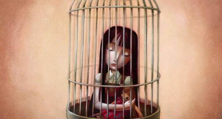Meisje Dat Opgesloten Zit In Een Vogel Kooi Omdat Emotionele Mishandeling Haar Gevangen Houdt