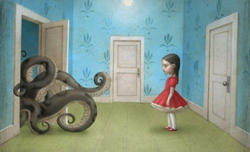 Meisje dat staat te kijken naar een octopus die uit haar kamer probeert te glippen