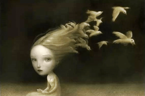 Meisje met blond haar dat aan het einde verandert in witte duiven