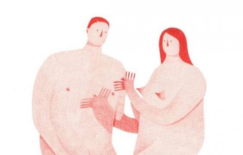 Twee naakte mensen met een zeer groot lichaam en een klein hoofdje die de redenen achter de meeste relatiebreuken niet kennen