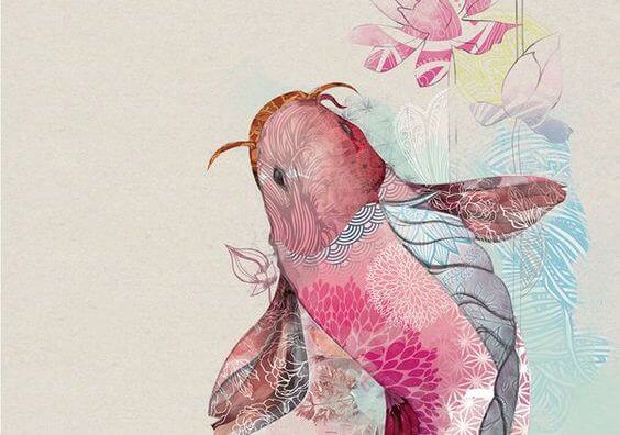 Een Roze Vis Met Bloemen Op Zijn Lichaam