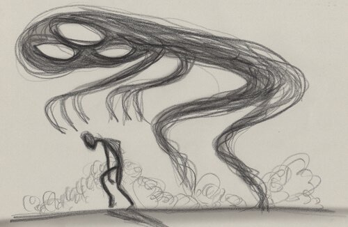Tekening van een enge schim die boven iemands hoofd hangt