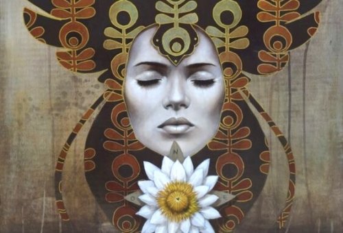 Gezicht van een vrouw met een lotusbloem onder zich